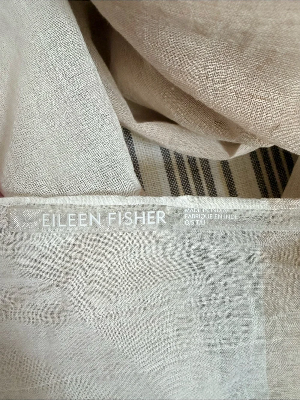 Eileen Fisher Organic Cotton Oversized Scarf Beige Ivory Striped Fringe Wrap
